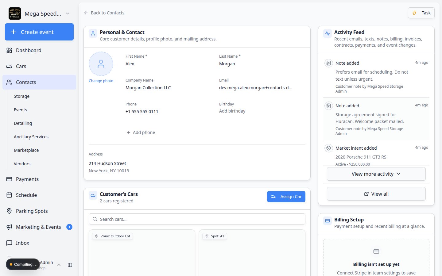Activity Feed on a customer detail page showing recent messages, notes, and billing events in one timeline