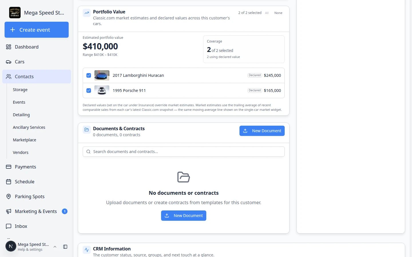 Contacts section on the customer detail page showing the list of additional contacts with role, email, and portal access fields