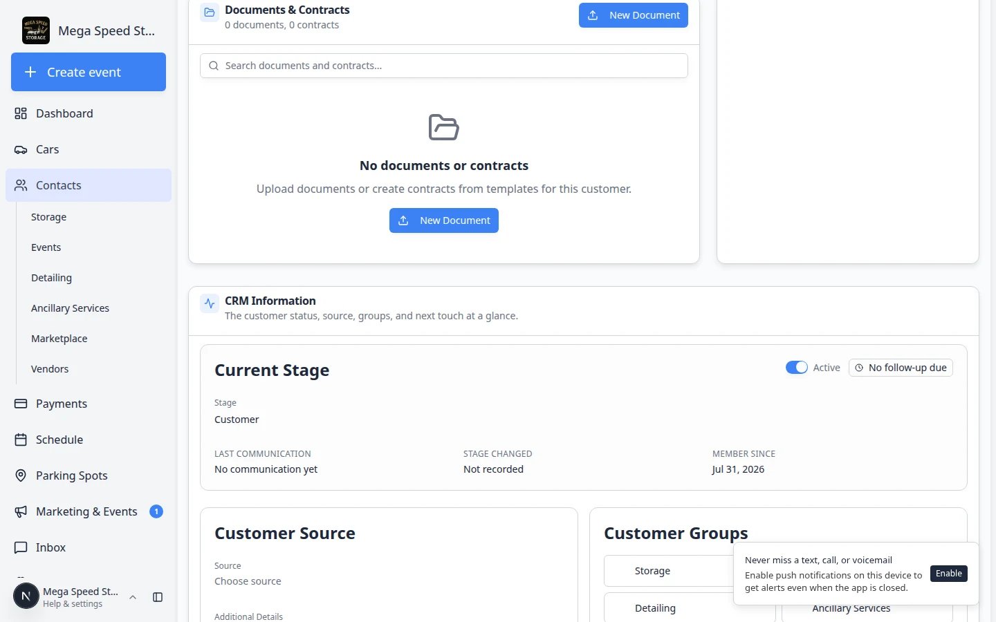 CRM Information section showing the Active Inactive switch beside Current Stage