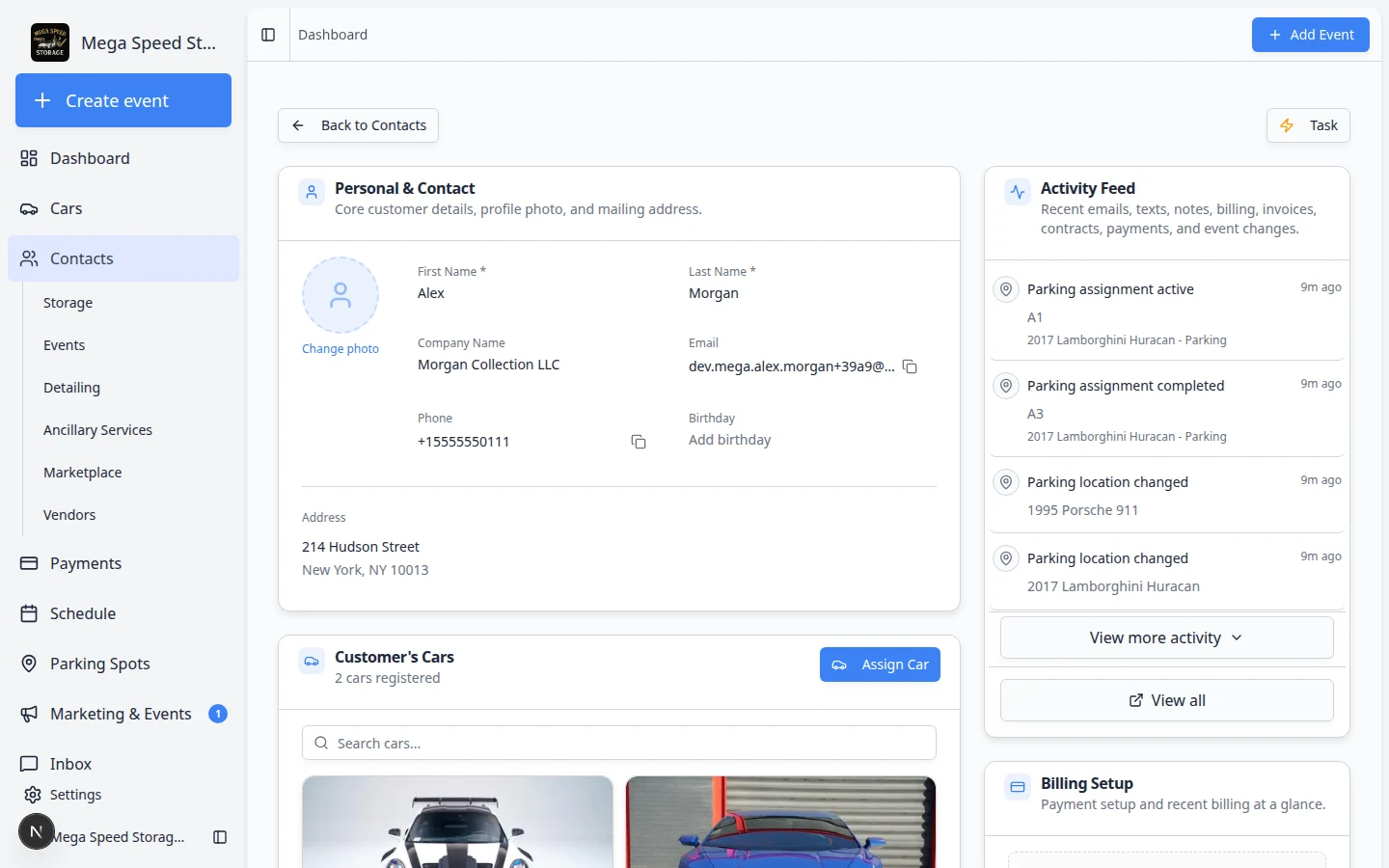 Customer detail page showing name, contact fields, and sections for cars and follow-up work