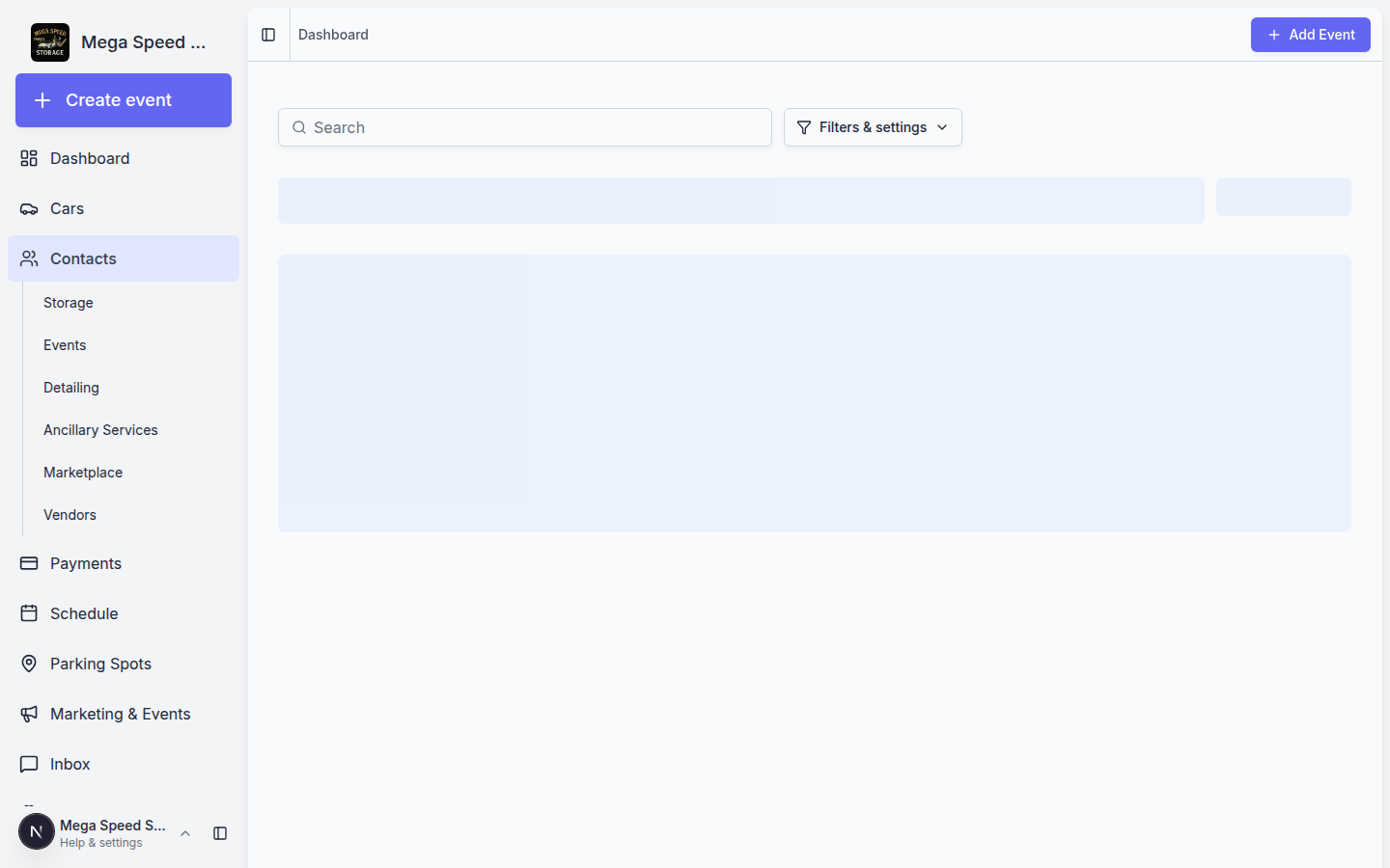 Contacts list in the staff dashboard showing customer rows, search, filters, and customer actions