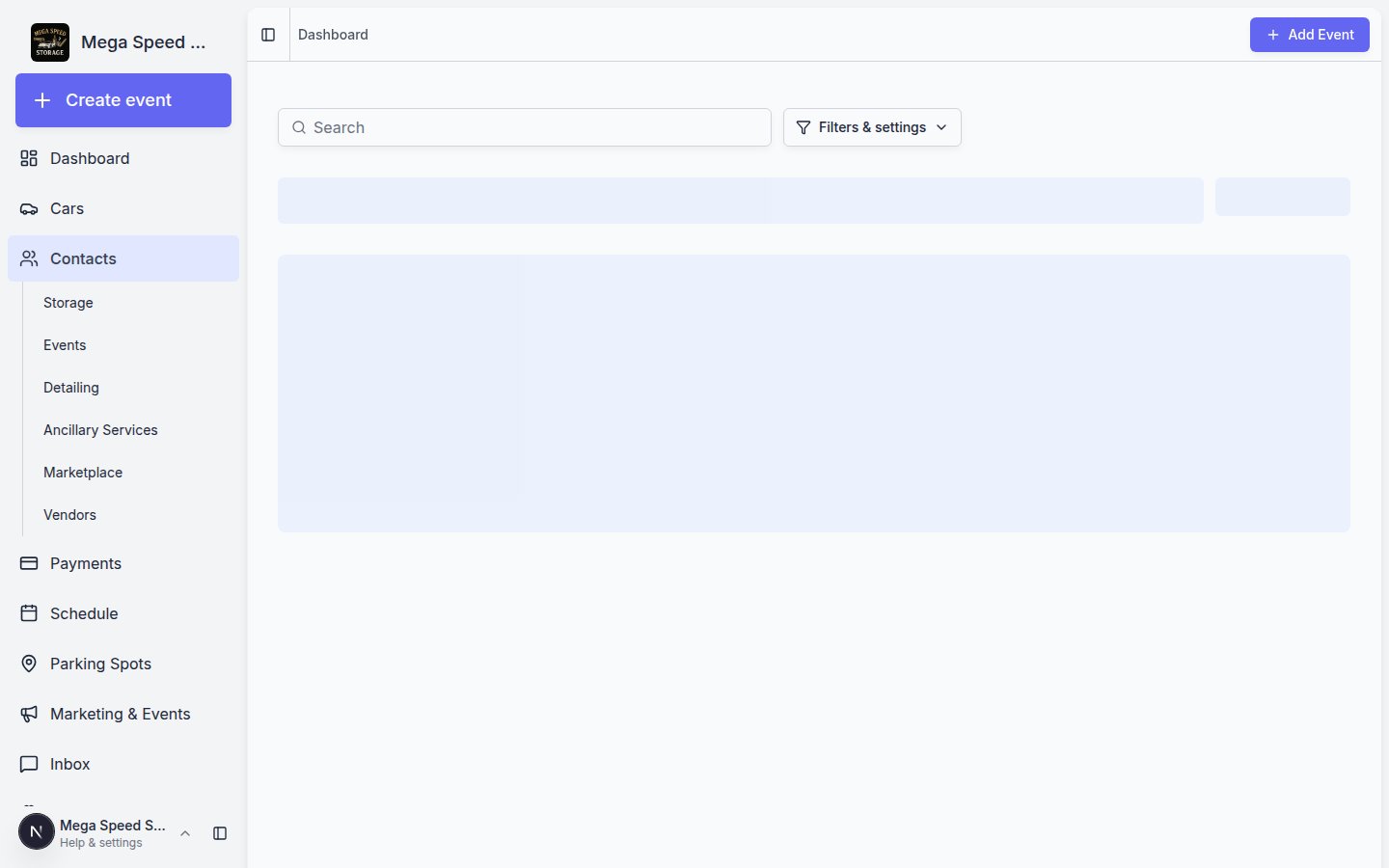 Contacts list in the staff dashboard showing customer rows, search, filters, and customer actions
