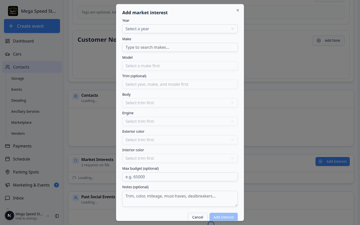 Add market interest dialog with Year, Make, Model, Trim, Budget, and Notes fields