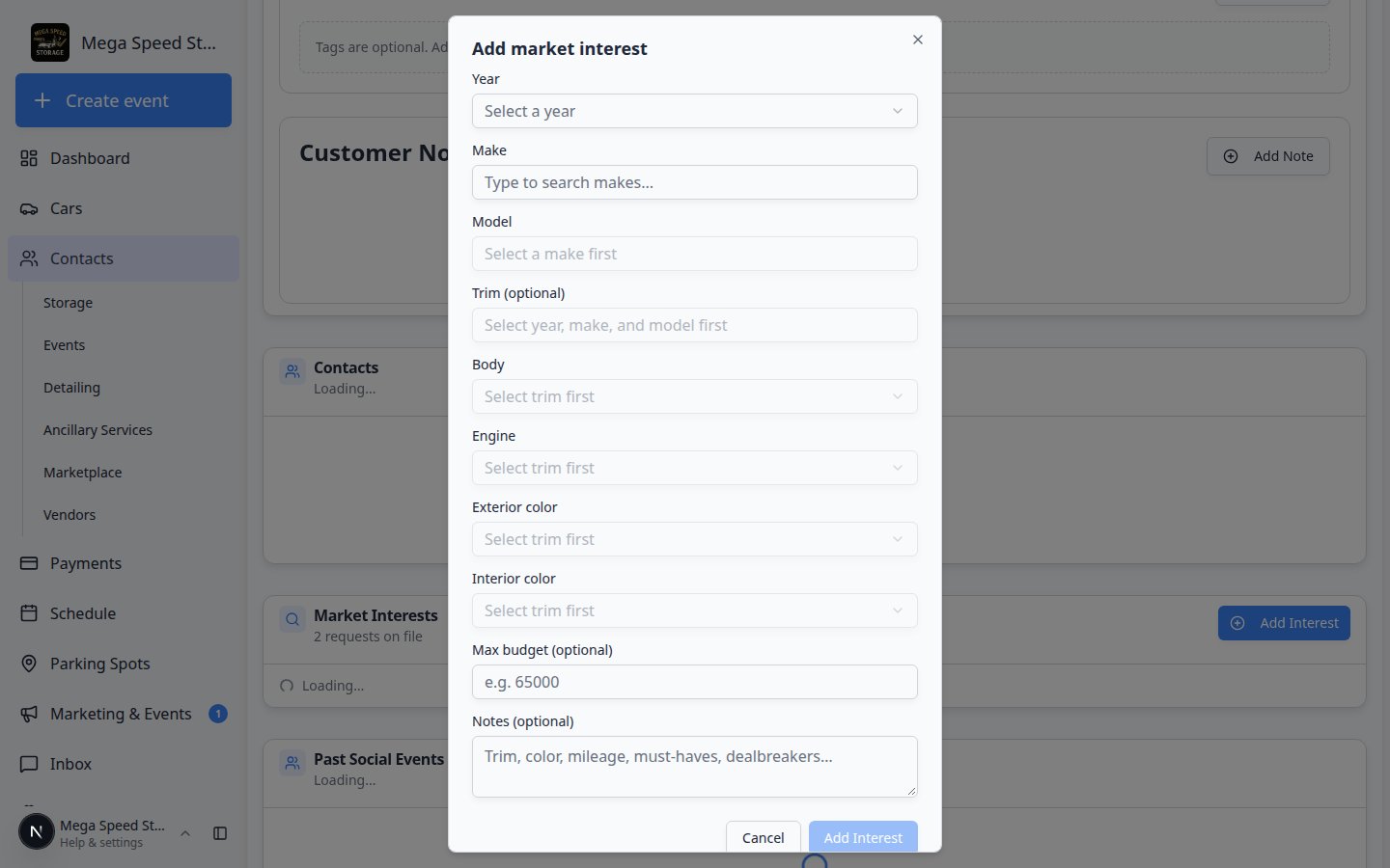 Add market interest dialog with Year, Make, Model, Trim, Budget, and Notes fields