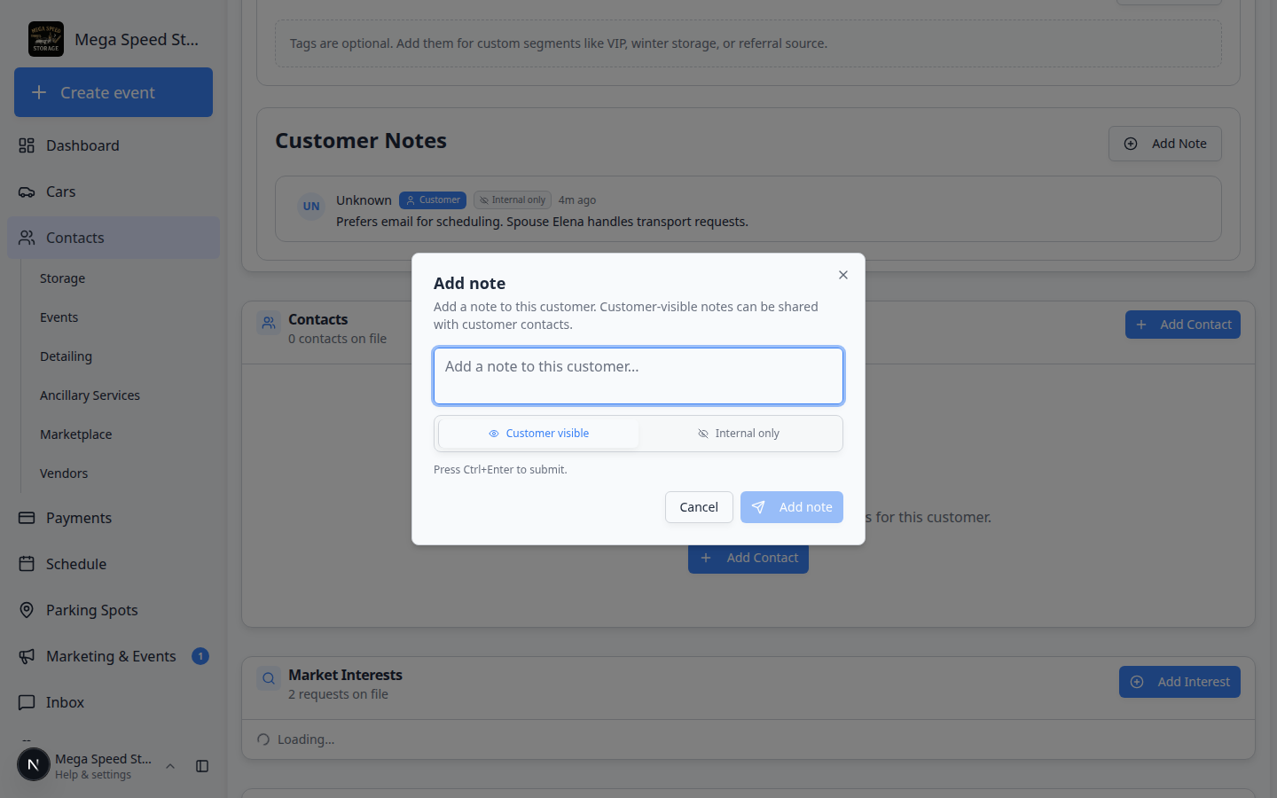 Add note dialog with a text area, Customer visible and Internal only toggle, and Add note button