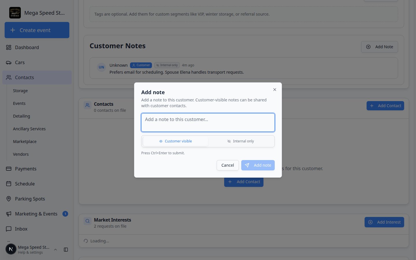 Add note dialog with a text area, Customer visible and Internal only toggle, and Add note button
