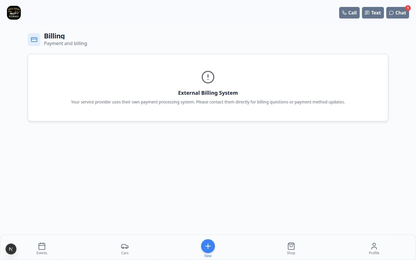 Customer portal Billing page showing billing navigation and account billing information