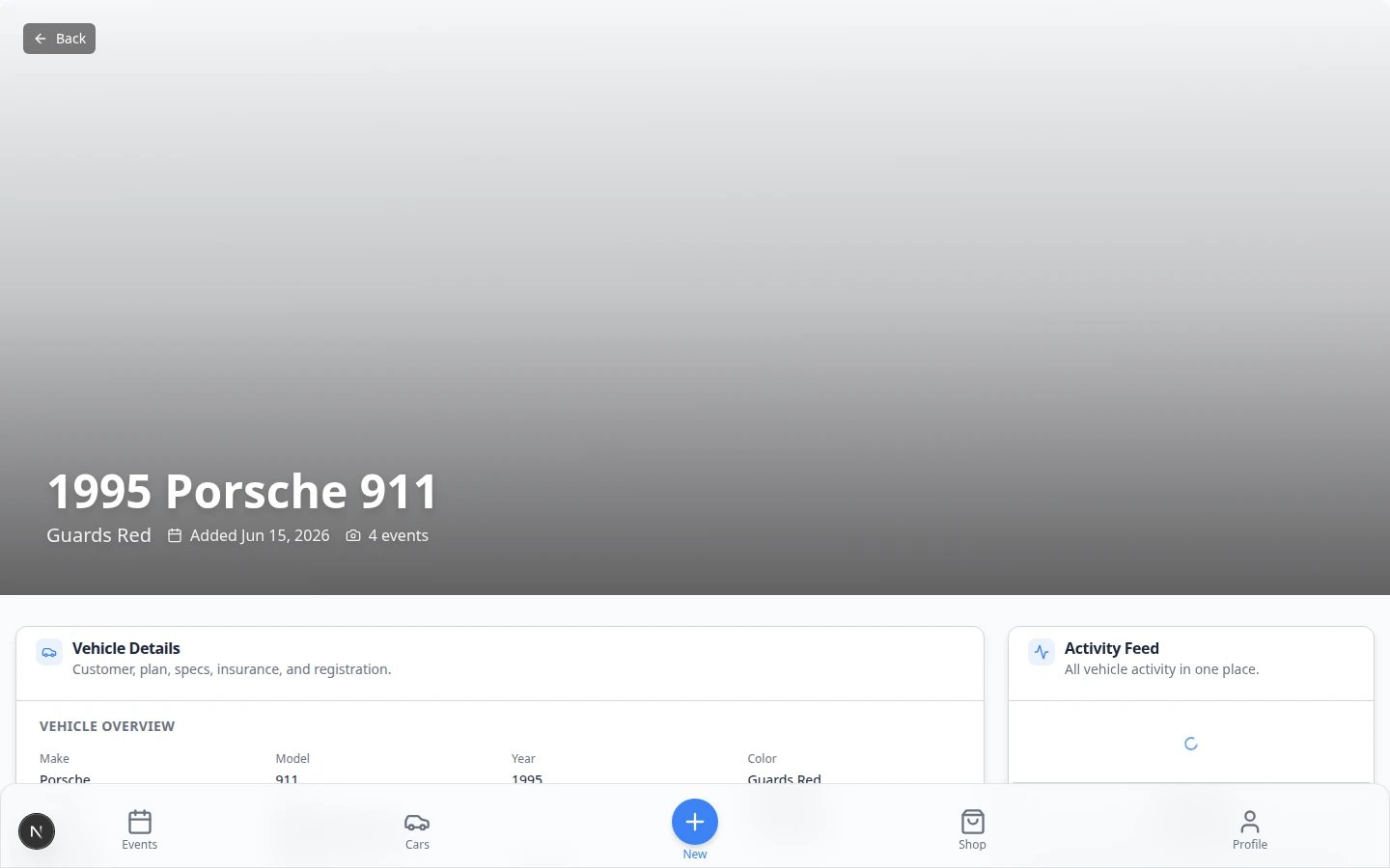 Customer portal car detail page showing one vehicle record