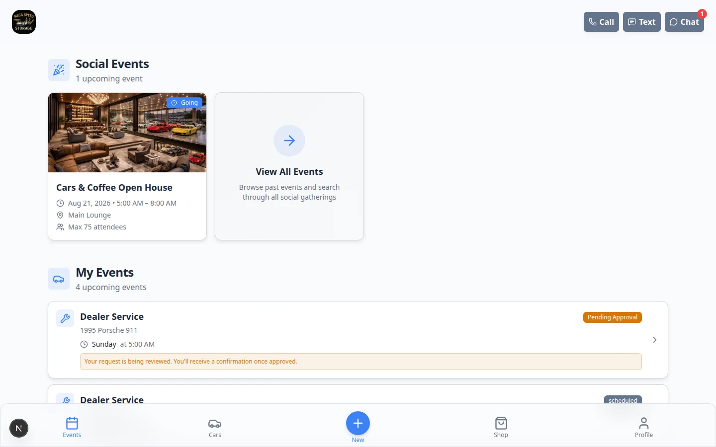 Customer portal Events page showing upcoming customer appointments and events