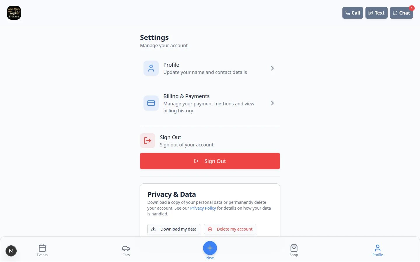 Customer portal Settings page showing account preferences and profile options