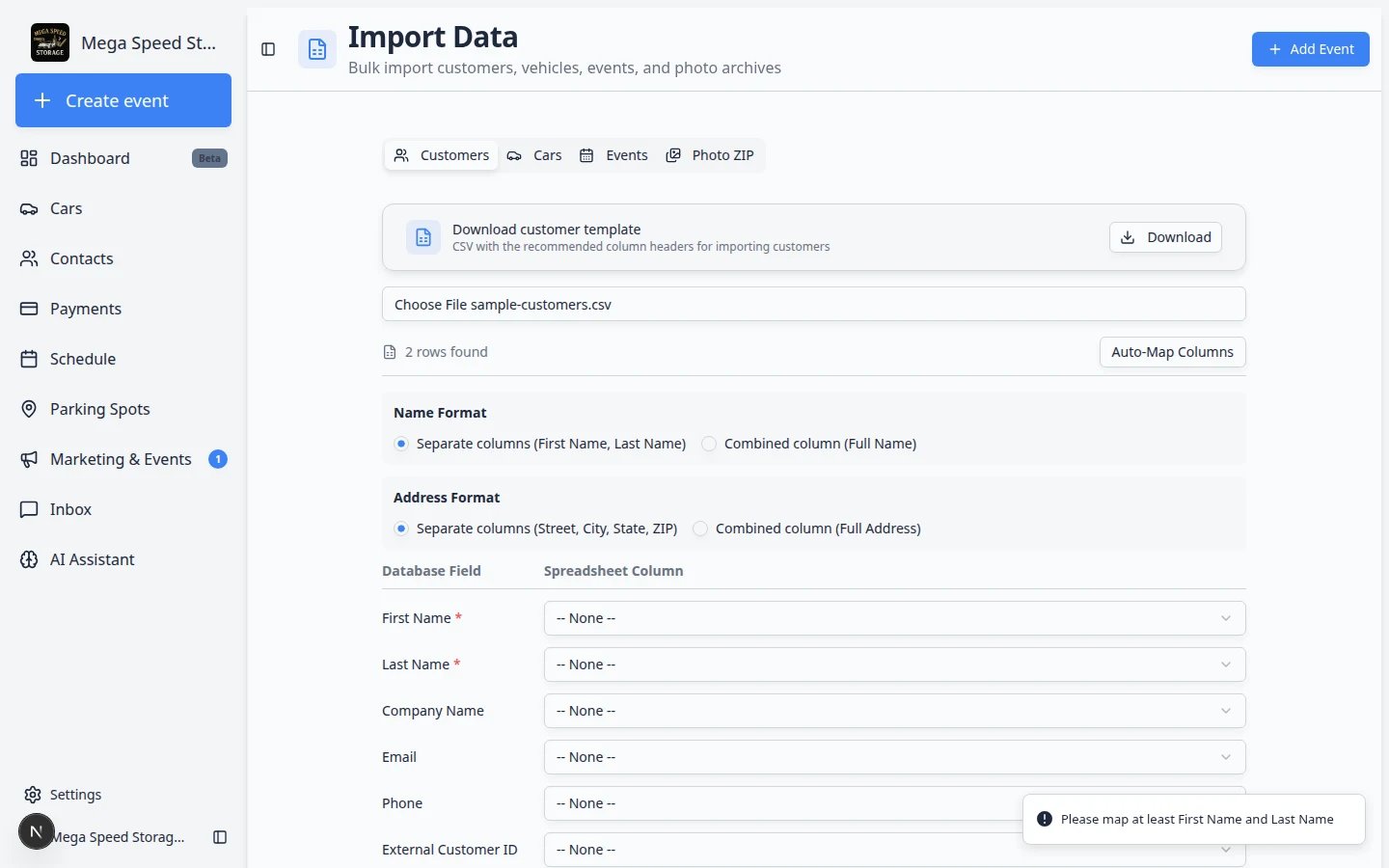 Import Data page with the Cars tab selected showing the car import template and file upload area