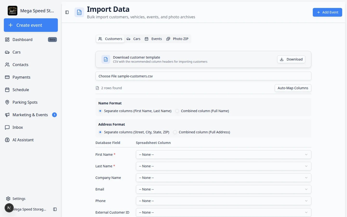 Customer import mapping screen showing name format, address format, database fields, spreadsheet columns, additional contacts, and auto-link car options
