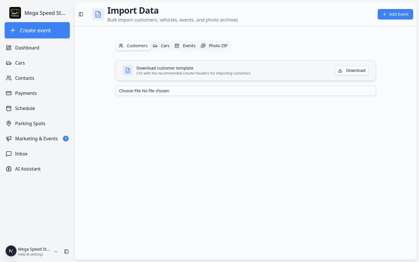 Import Data page showing Customers, Cars, Events, and Photo ZIP tabs at the top
