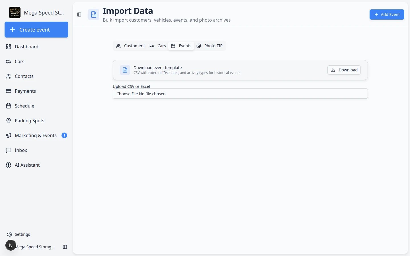 Import Data page with Events tab selected showing download event template card and upload area