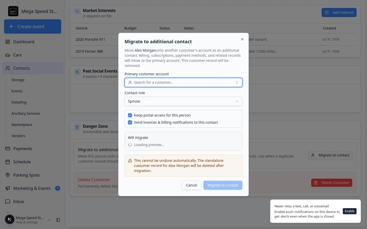 Migrate to additional contact dialog asking which customer record should receive the history
