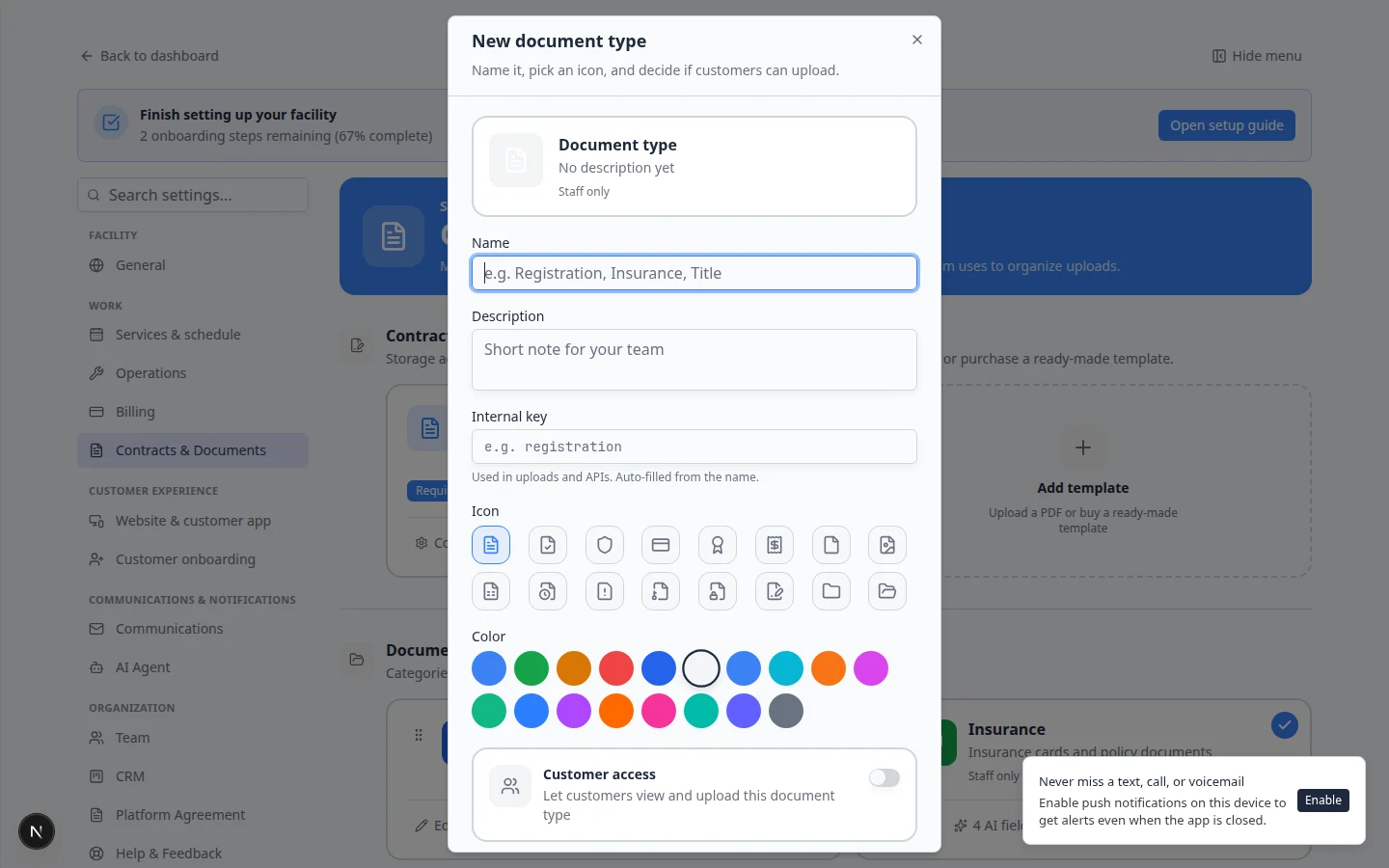 Add Document Type dialog showing name, description, icon, color, and Customer Access switch