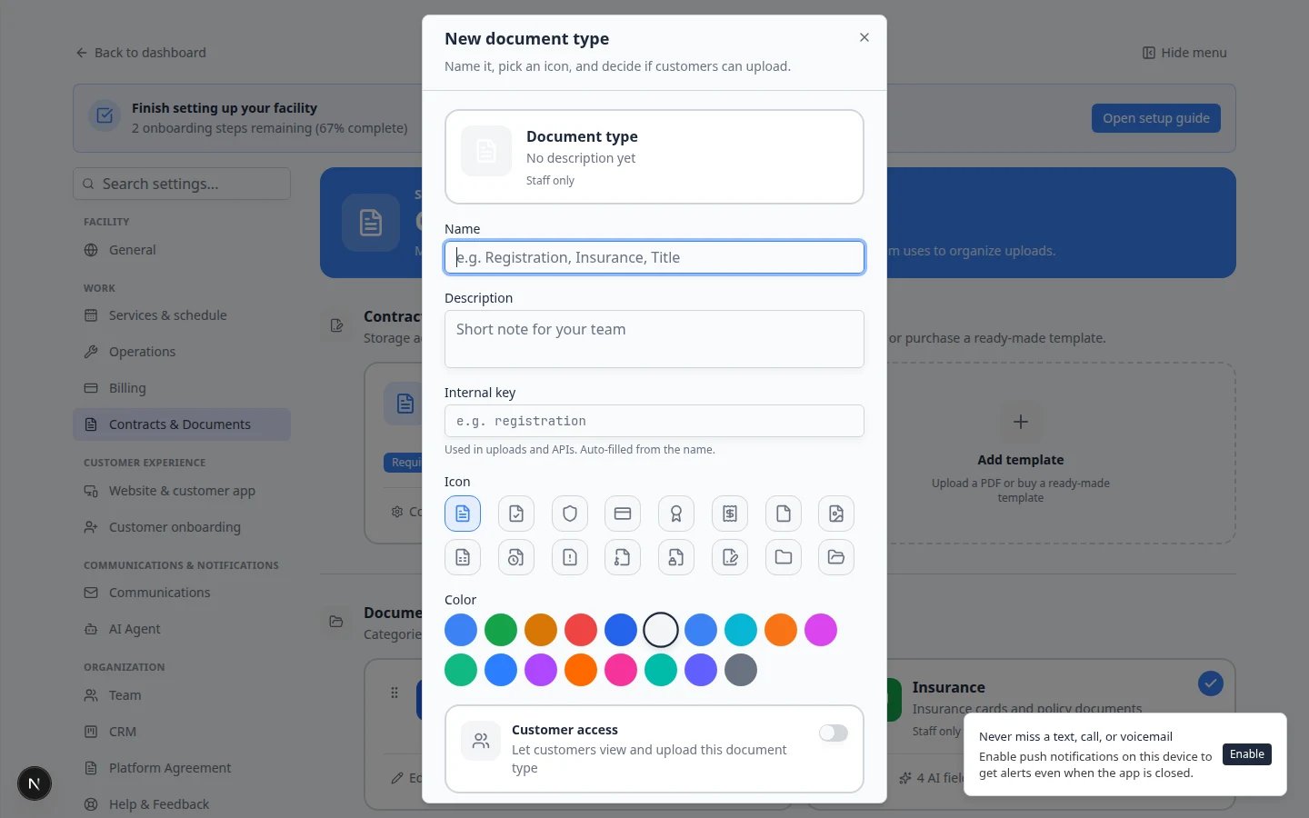 Add Document Type dialog showing name, description, icon, color, and Customer Access switch