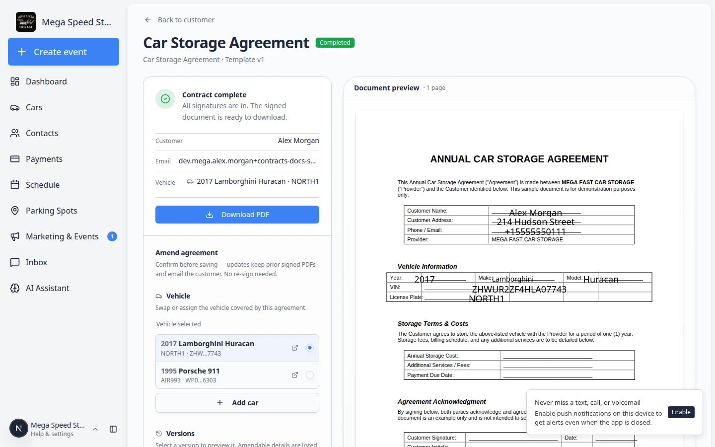 Completed contract manage page showing PDF preview and amend tools in the side panel