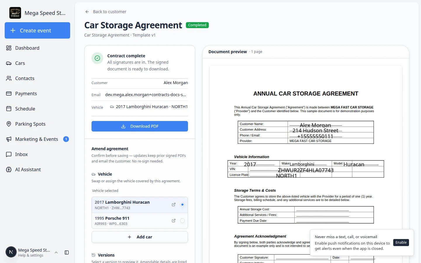 Completed contract manage page showing PDF preview and amend tools in the side panel