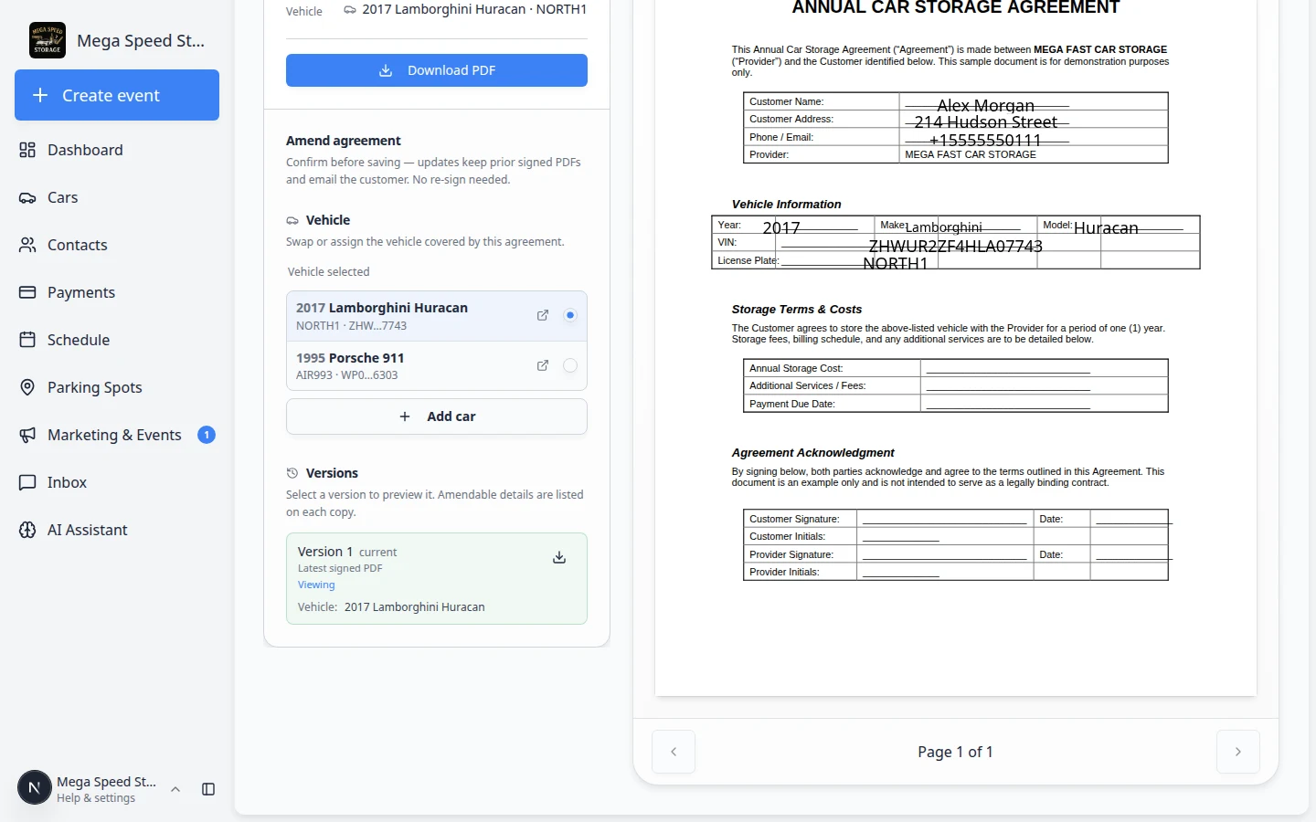 Contract manage page Versions panel listing version history with download option