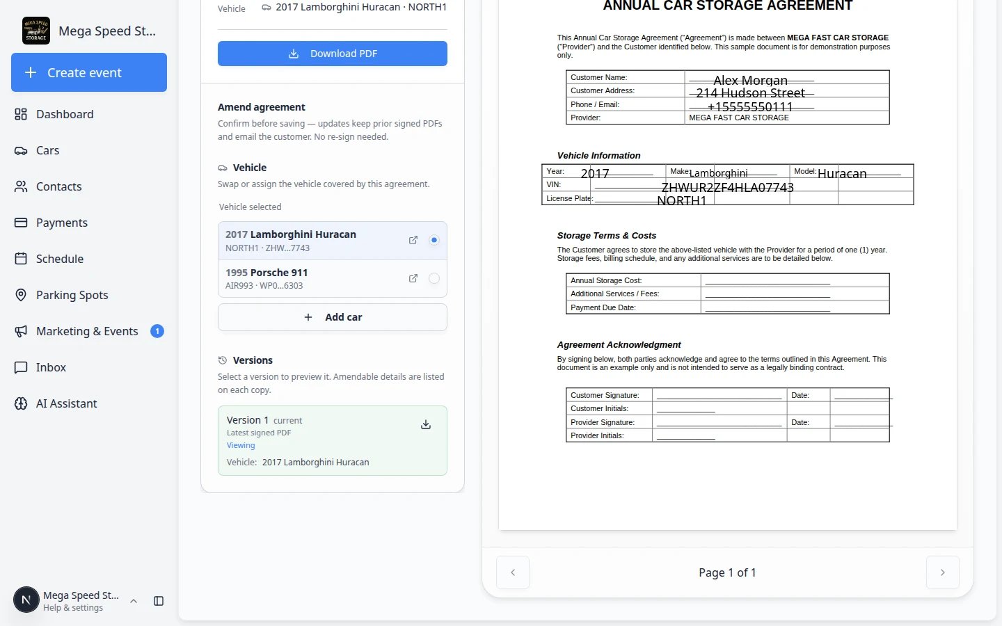 Contract manage page Versions panel listing version history with download option