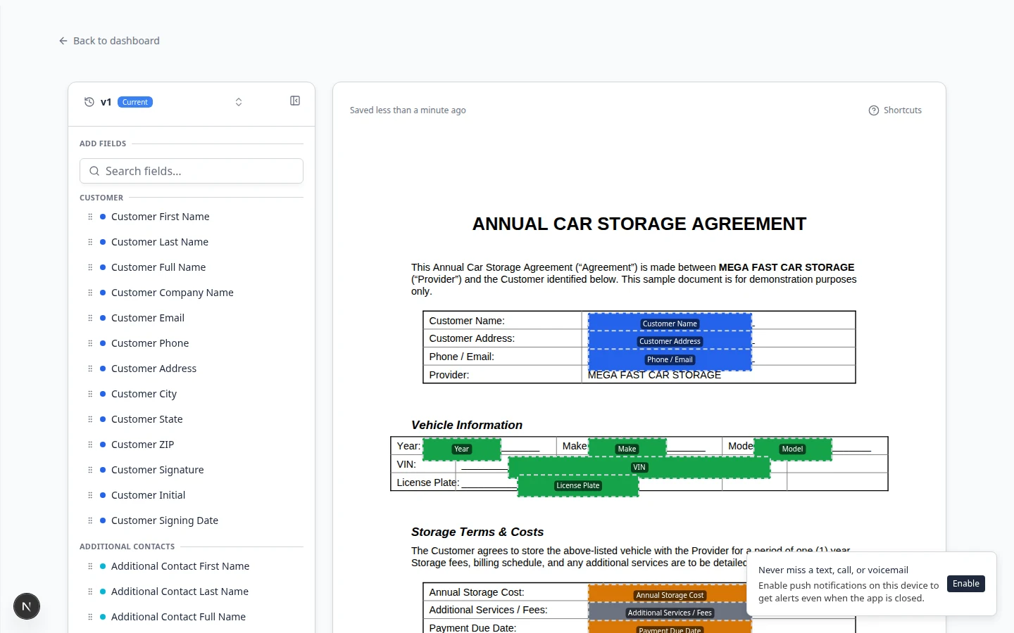 Contract template editor showing Auto-fill suggestions panel with Accept all and Reject buttons