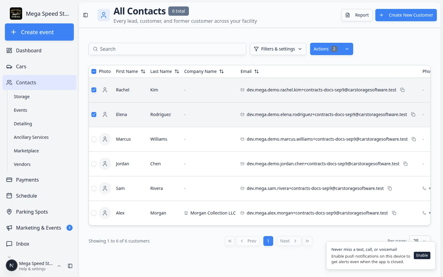 Contacts list with three customers checked and the Actions button showing a selected count