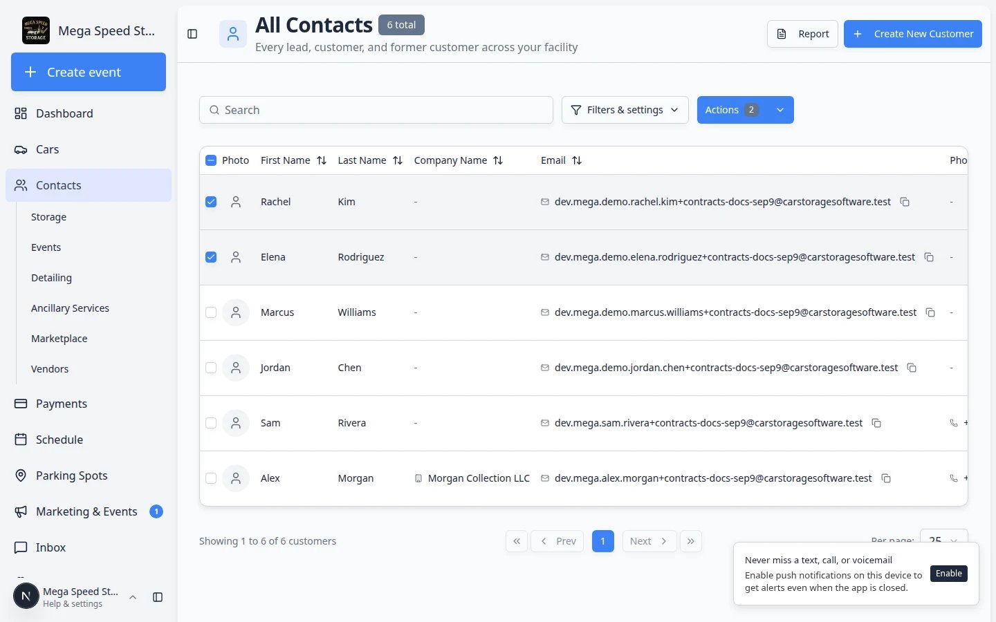 Contacts list with three customers checked and the Actions button showing a selected count