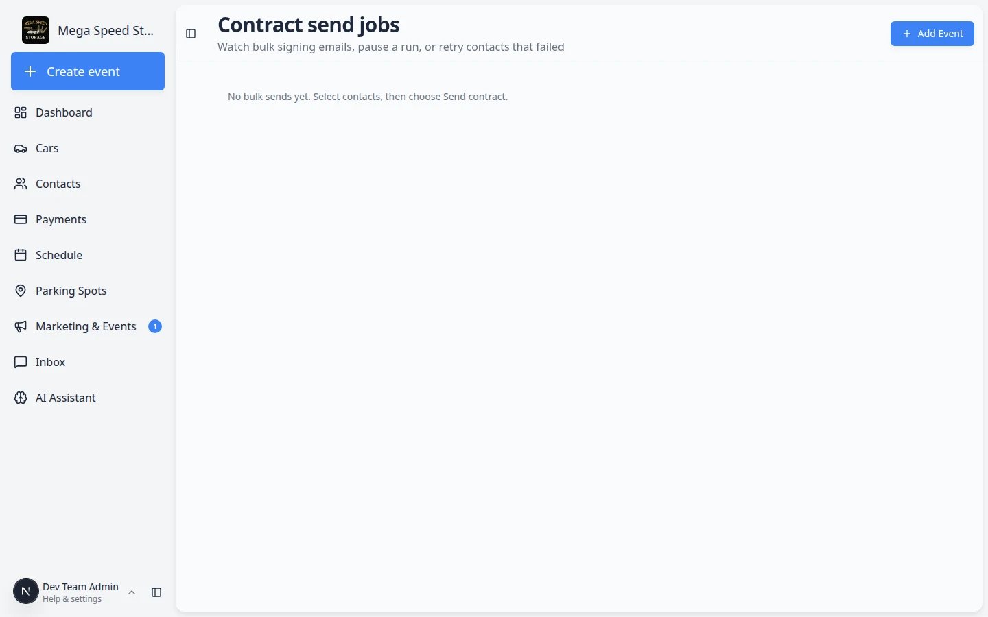 Contract send jobs page listing past bulk send batches with status and progress