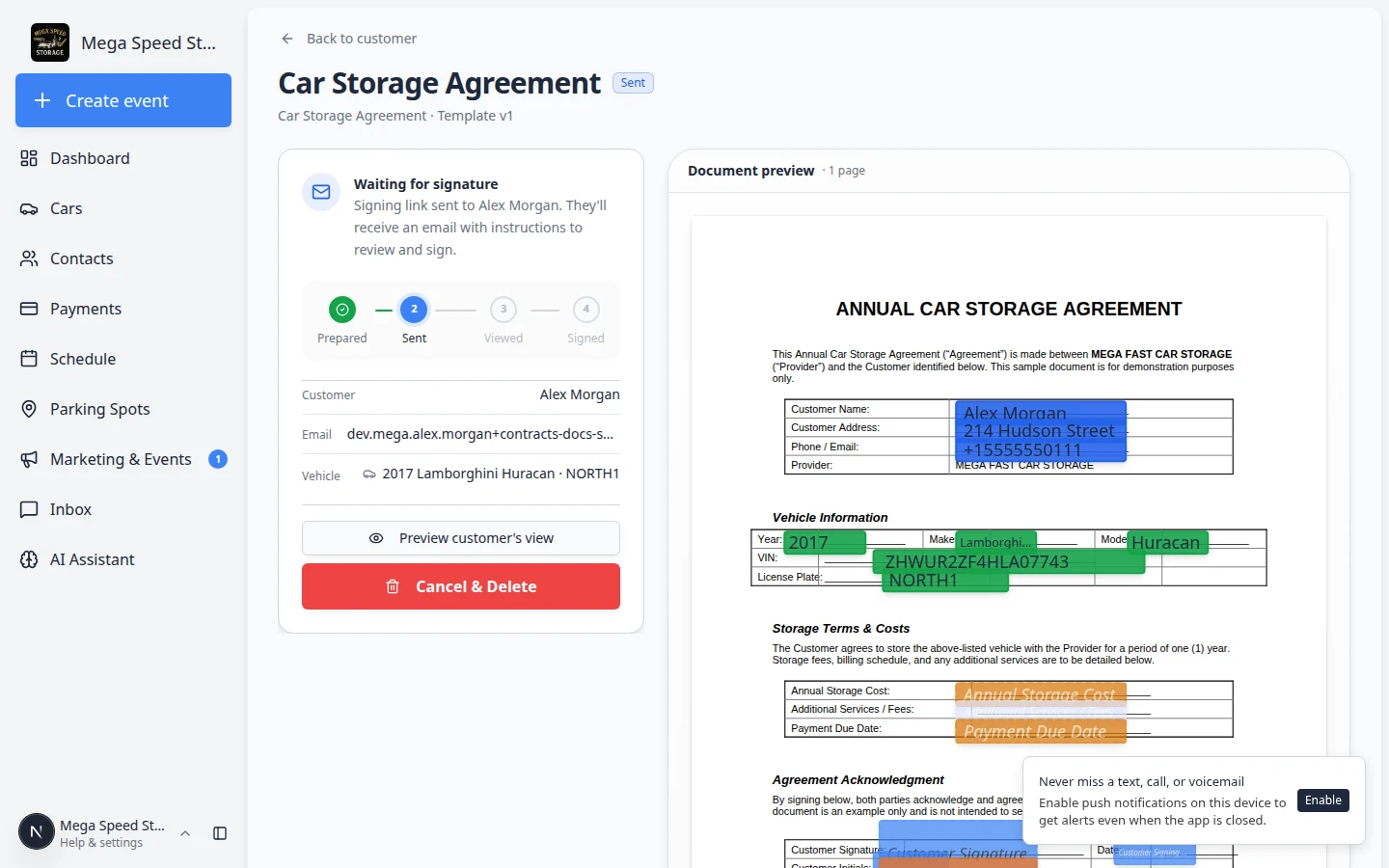 Cancel contract dialog with a danger zone warning before stopping an unsigned agreement