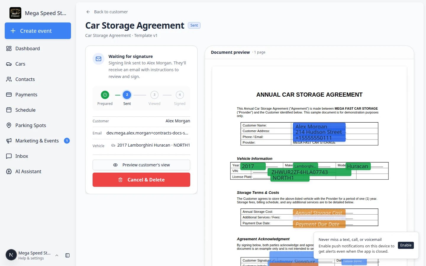 Cancel contract dialog with a danger zone warning before stopping an unsigned agreement