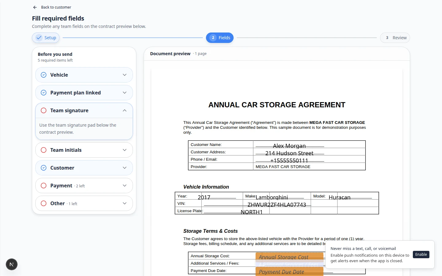Send contract Fill required fields step showing PDF preview with highlighted fields and a checklist on the right