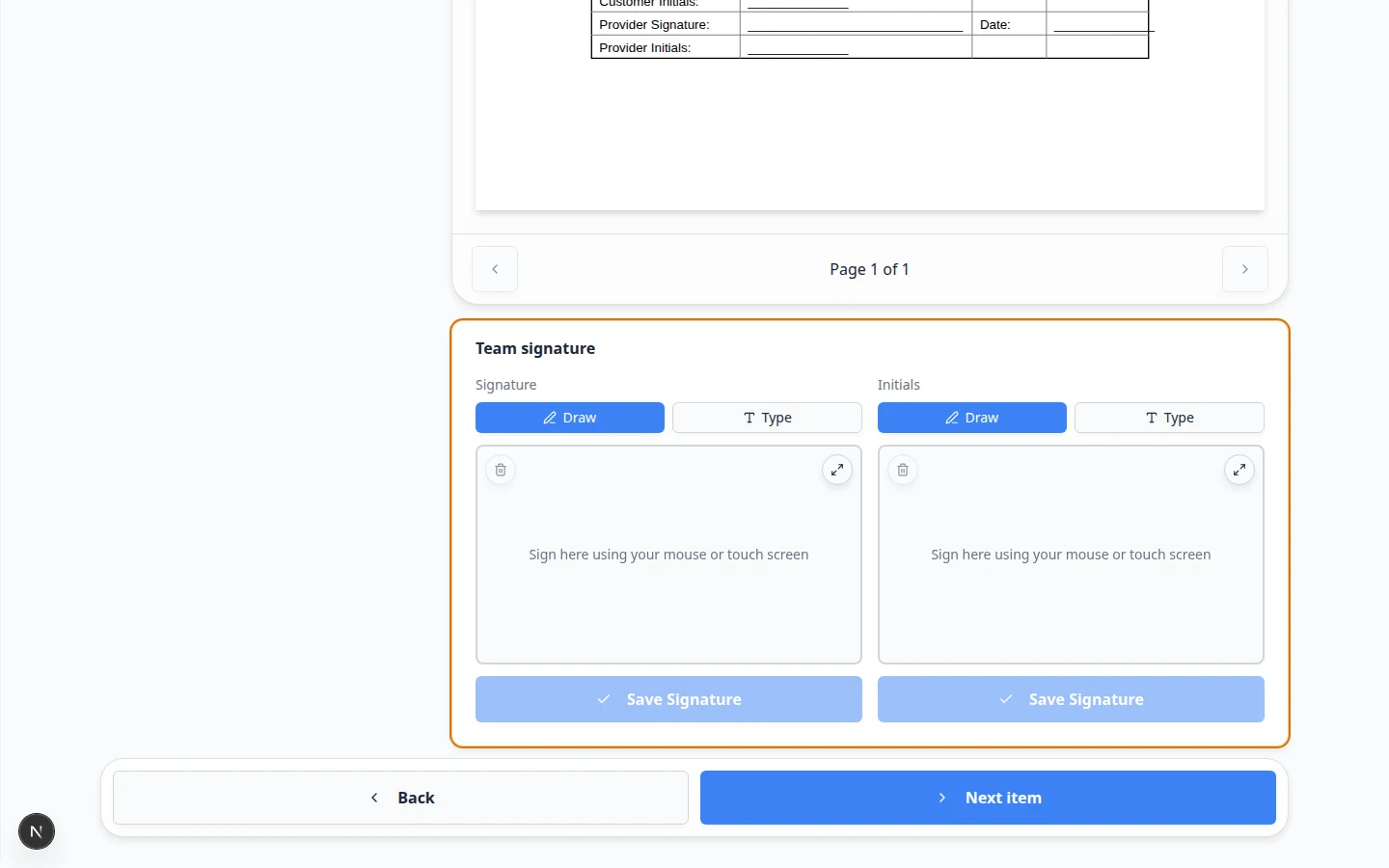 Review and send step showing contract summary and Send to customer button