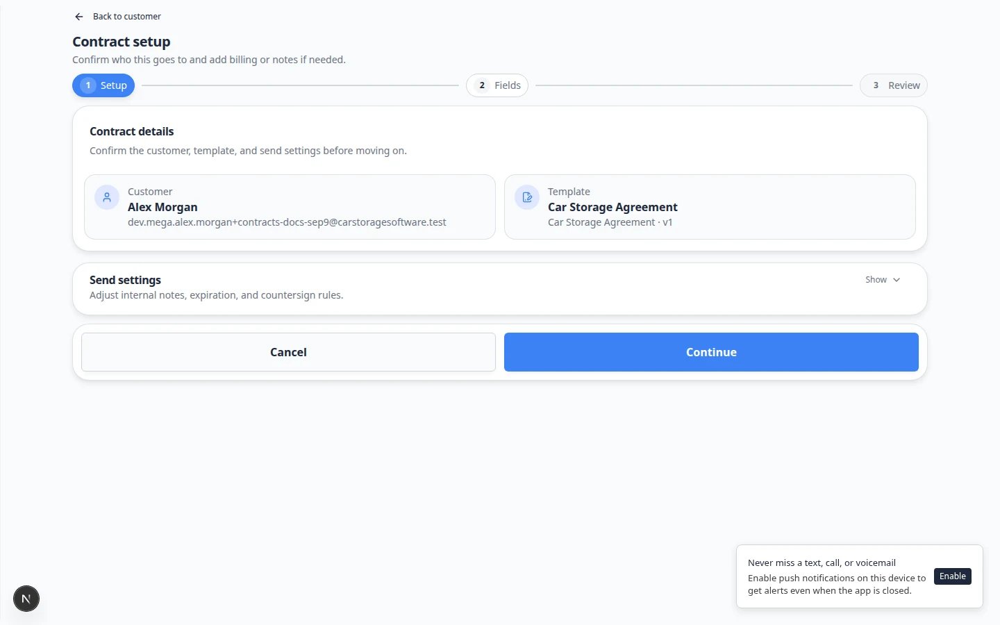 Send contract page showing Contract setup step with customer name, vehicle picker, and Continue button