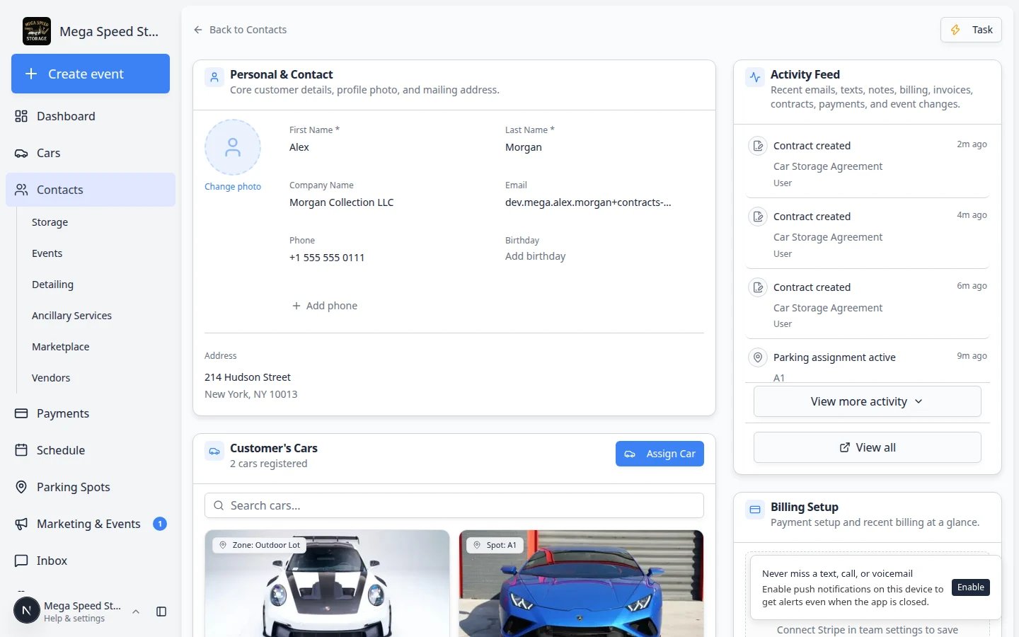Customer record Documents and Contracts section showing a contract with Awaiting team signature status badge