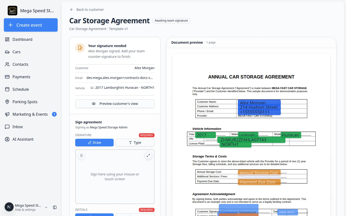 Contract counter-sign page showing PDF preview and team signature pad