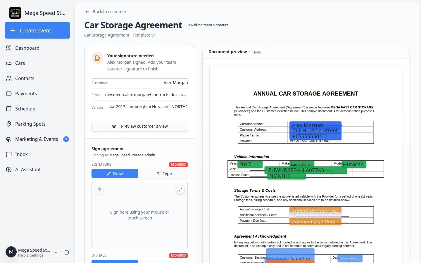 Contract counter-sign page showing PDF preview and team signature pad