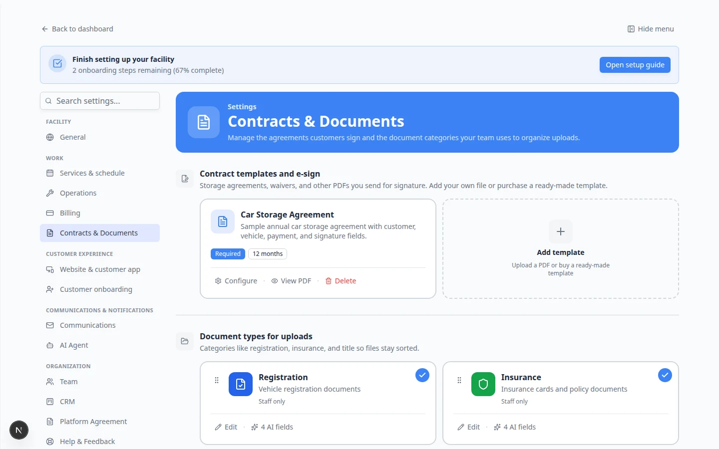 Document types for uploads section listing Insurance, Vehicle Registration, and other upload categories with Add Document Type button