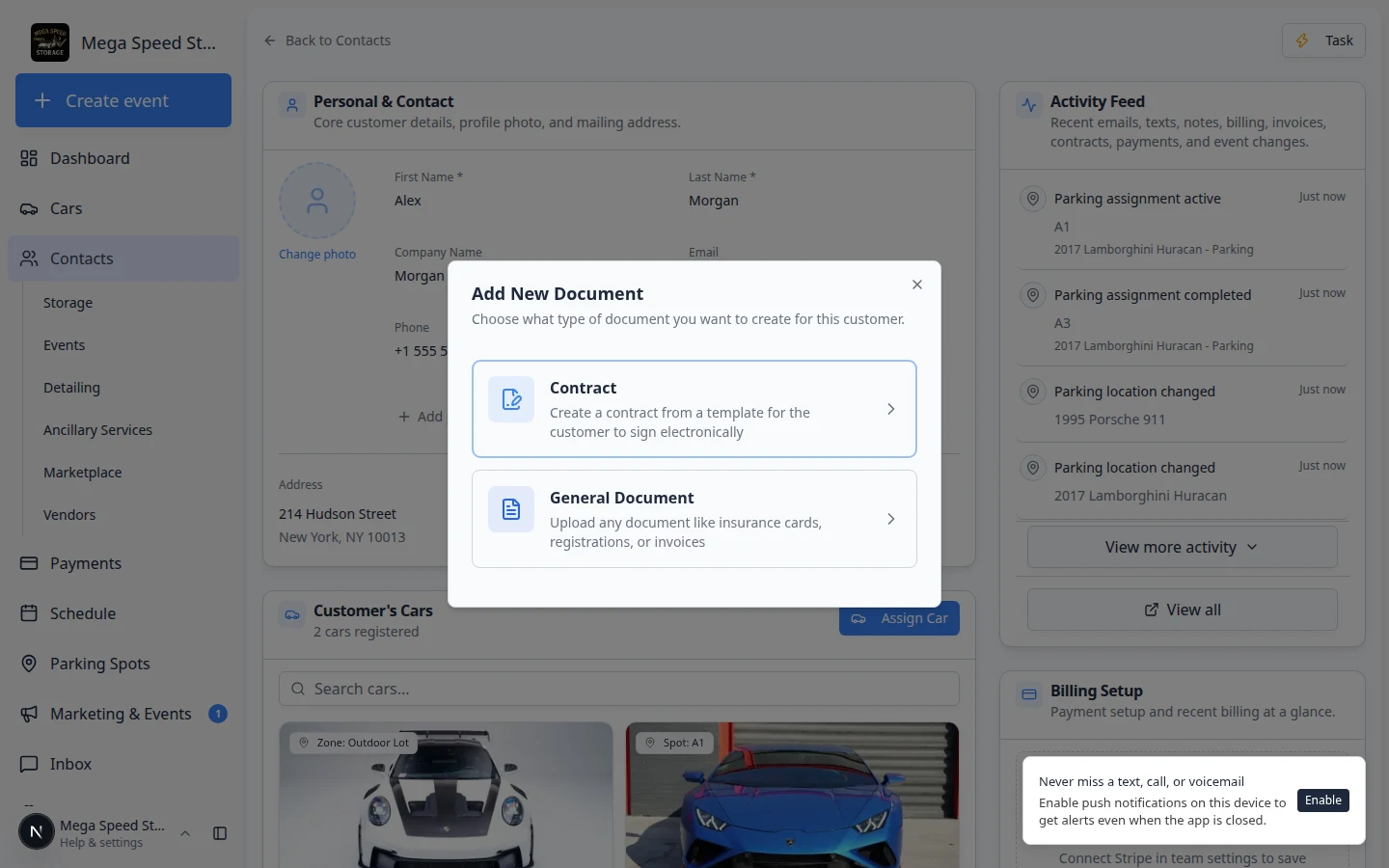 Add New Document window showing Contract and General Document choices
