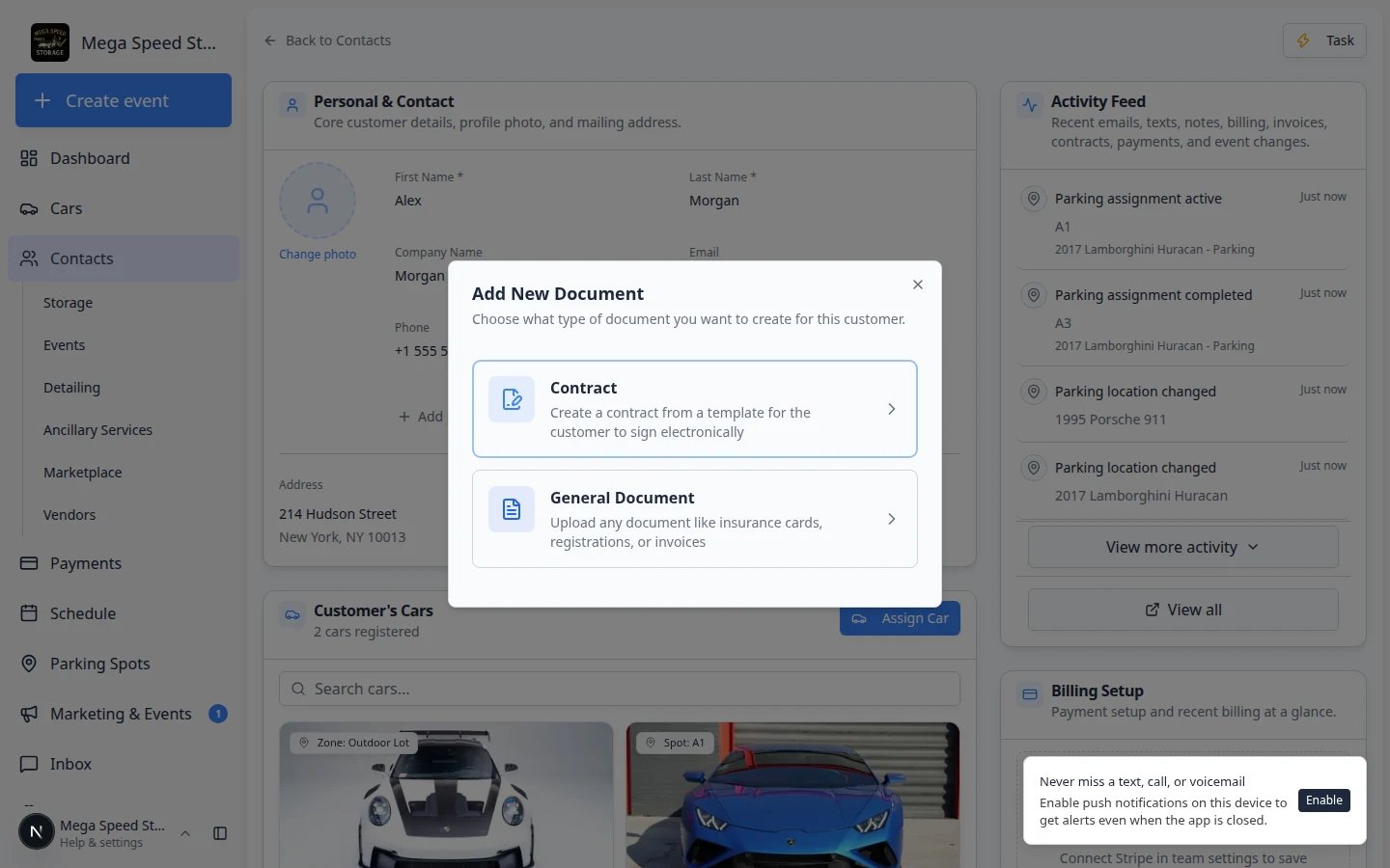Add New Document window showing Contract and General Document choices