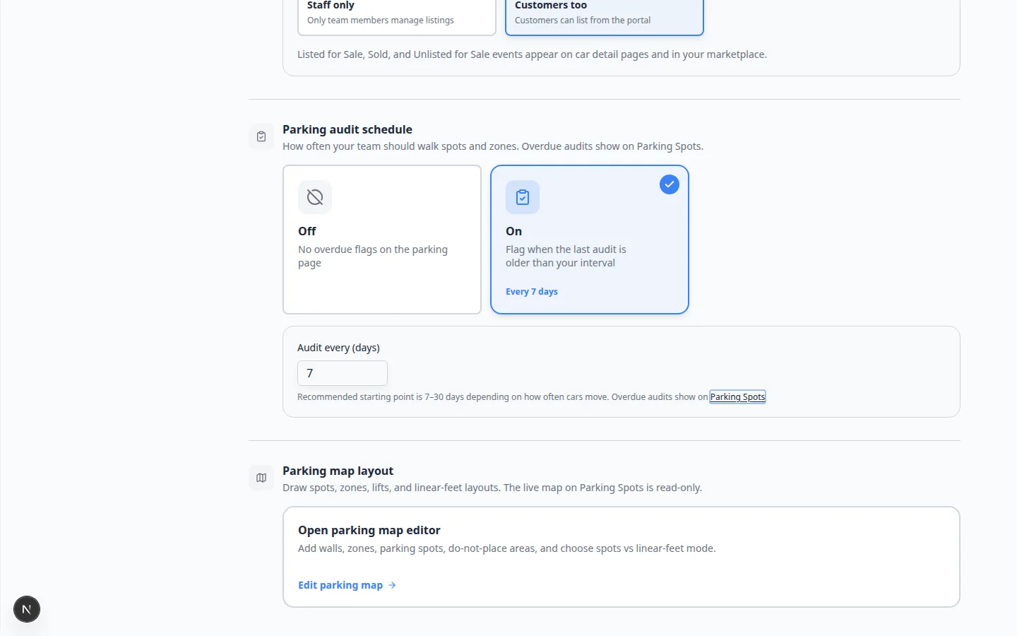 Settings Operations page showing Parking audit schedule Off and On cards with Audit every days field