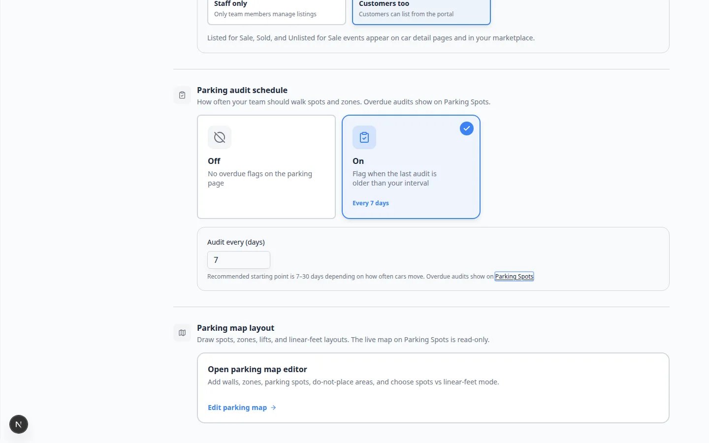 Settings Operations page showing Parking audit schedule Off and On cards with Audit every days field