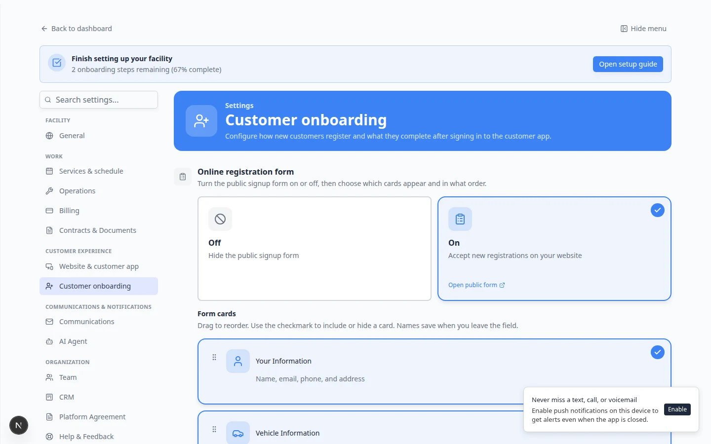 Document Upload Step Configuration modal listing required document types for onboarding