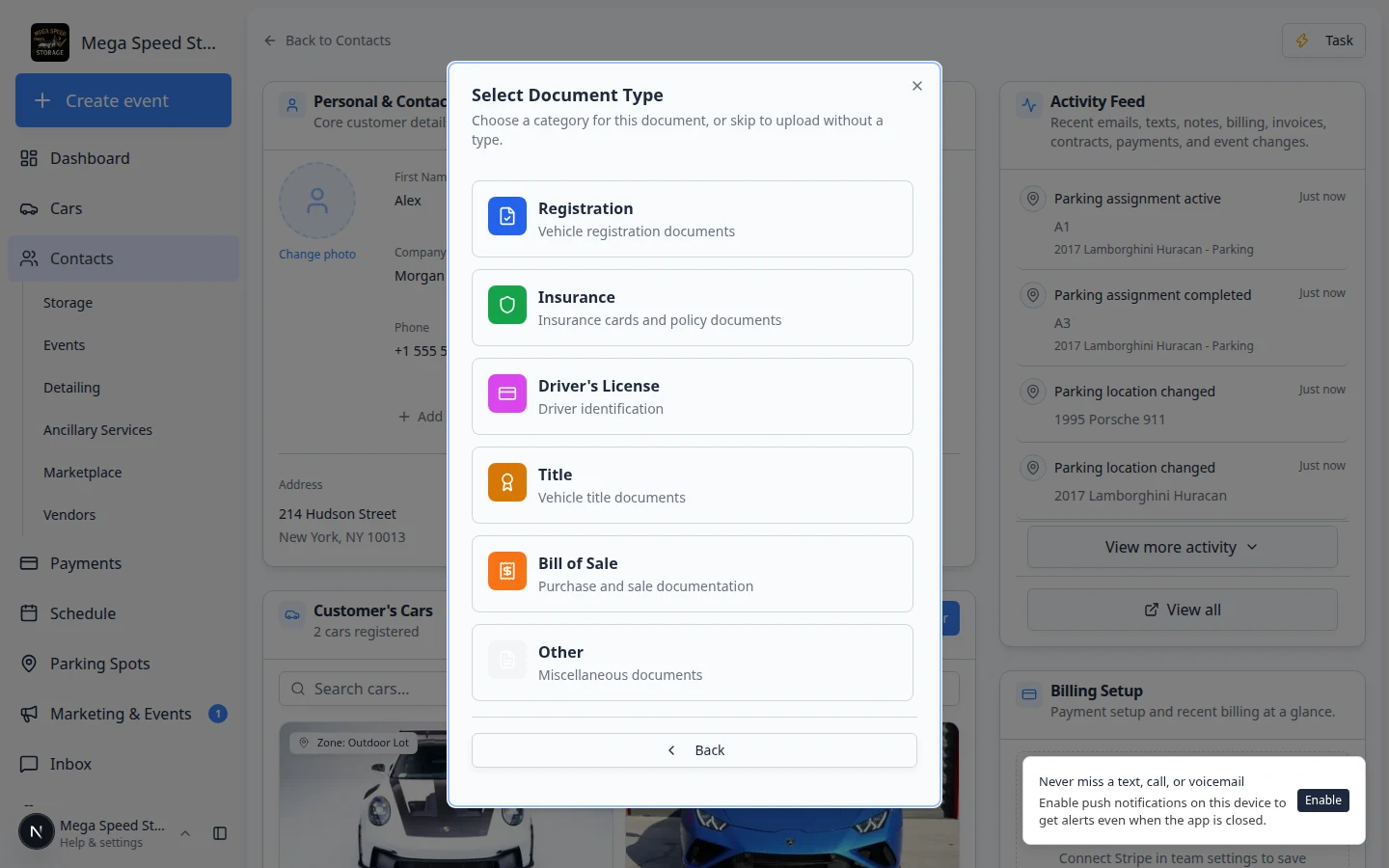 Select Document Type window listing Insurance, Registration, Driver License, Title, Bill of Sale, Other, and Skip - No Type