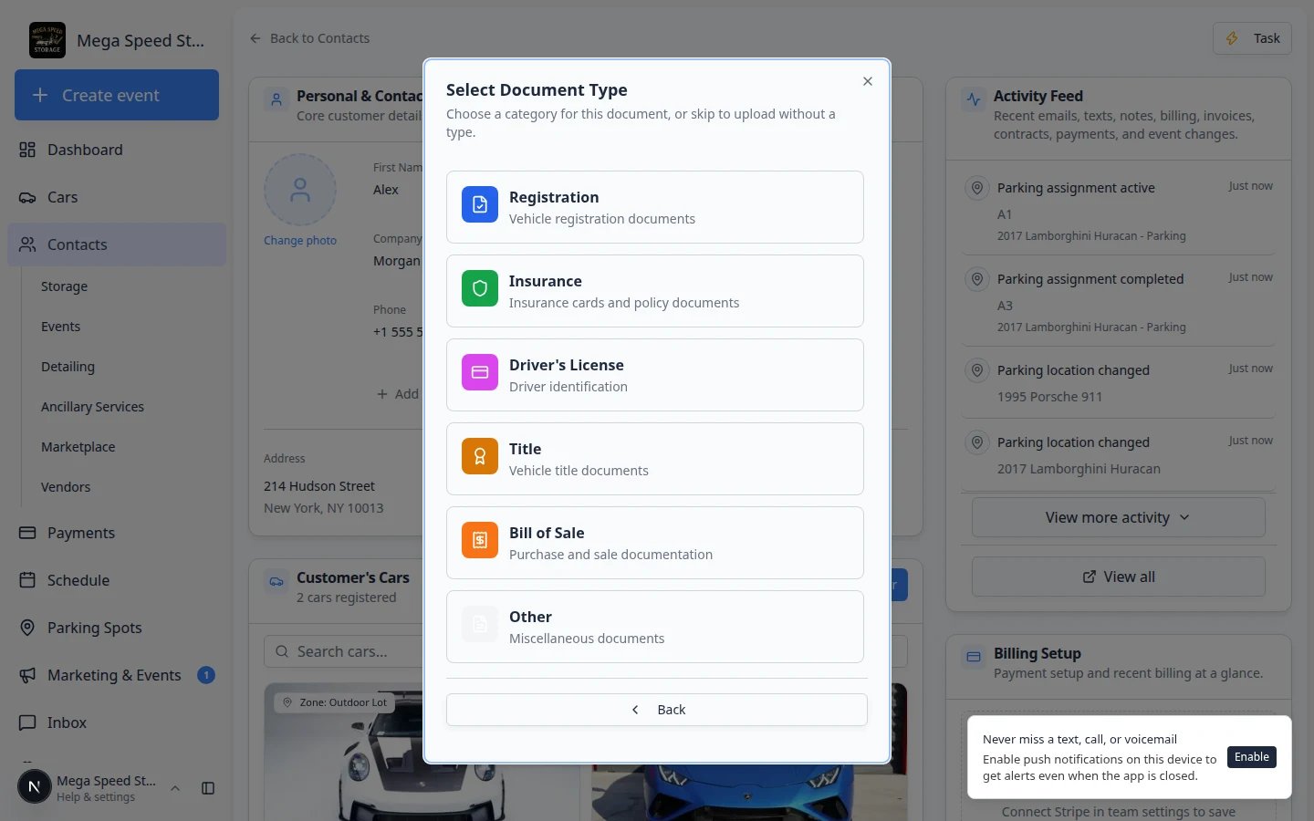 Select Document Type window listing Insurance, Registration, Driver License, Title, Bill of Sale, Other, and Skip - No Type