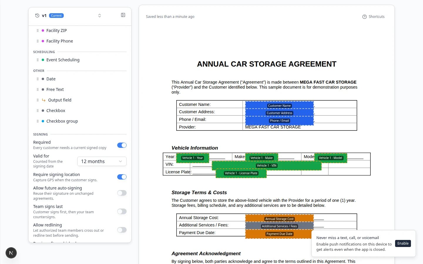 Contract template editor showing Team Signs Last toggle turned on in signing options