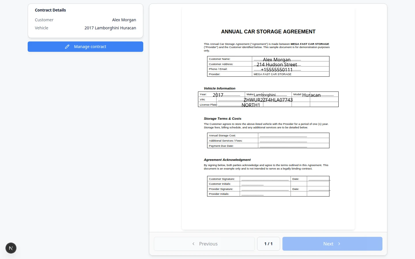 Customer signing page with agreement title, vehicle, signature pad, and Sign Contract button