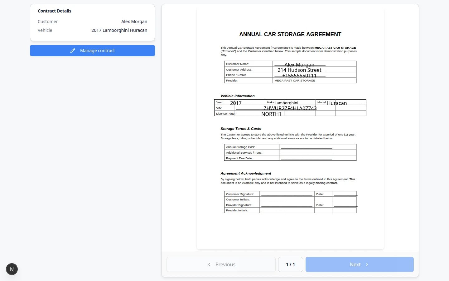 Customer signing page with agreement title, vehicle, signature pad, and Sign Contract button