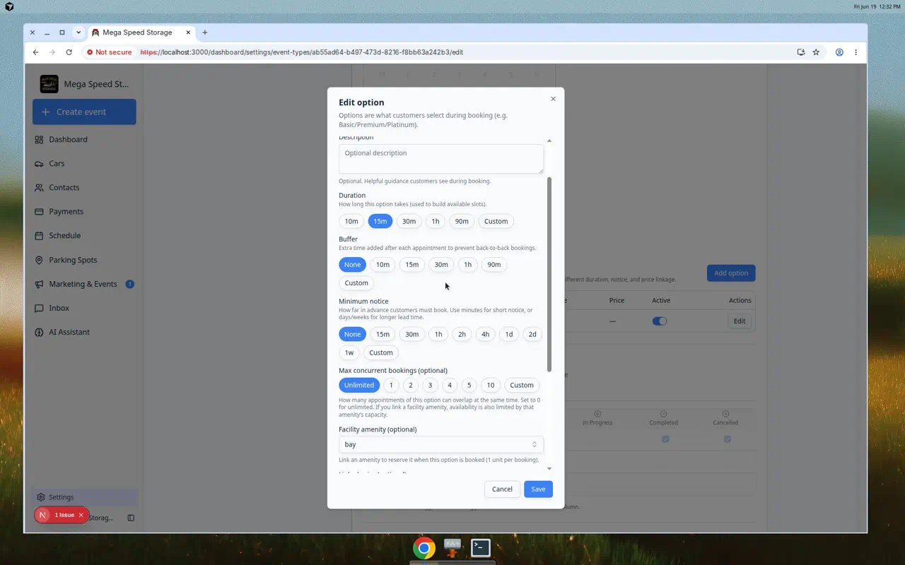 Edit option dialog on an event type showing Facility amenity optional with a bay instance selected