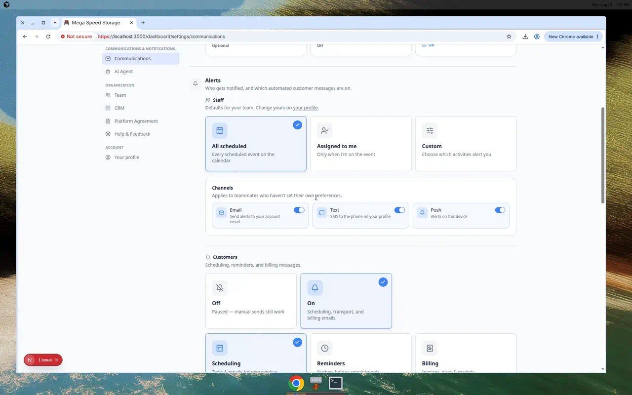 Communications settings showing Customer alerts with Scheduling and Reminders choice cards